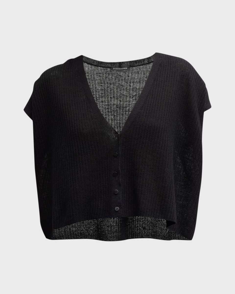 Ribbed Button-Front Short-Sleeve Cardigan